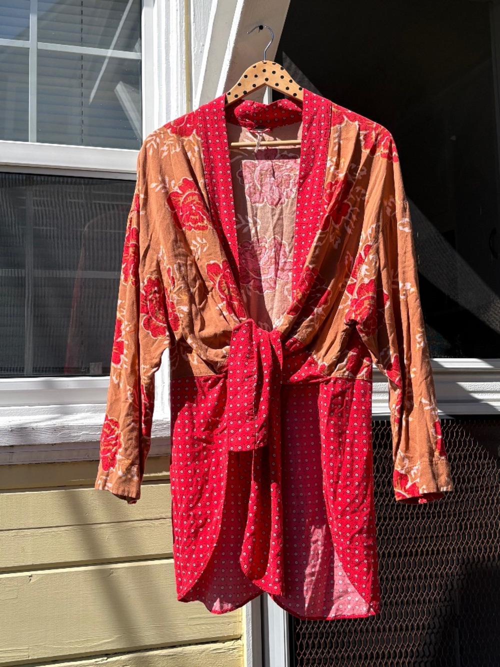 Free People "Forget me Knot" Red Floral Oversized Duster Cardigan Women's Large